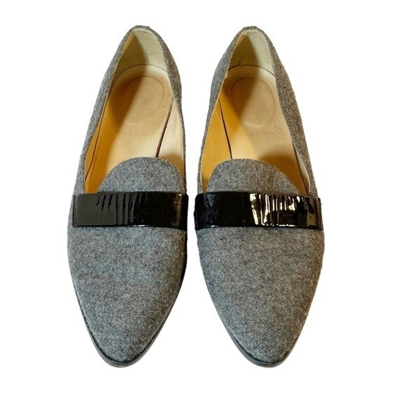 J. Crew Flats Gray Felted Wool Black Patent Leather Loafers Womens Size 8 Preppy - Picture 8 of 14